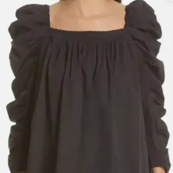 Kate Spade | Black Ruched Puff Sleeve Square-Neck Poplin Blouse Top, size 12 - Picture 3 of 9